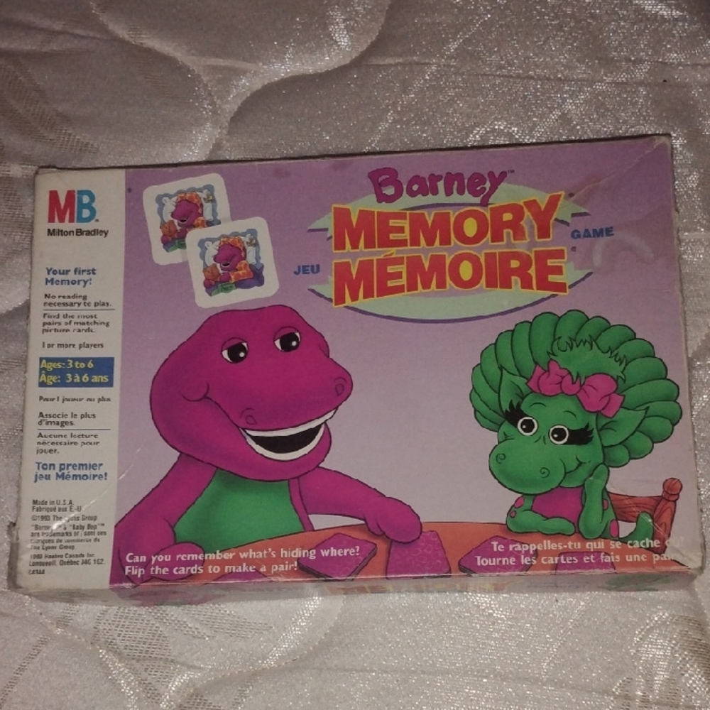1993 Milton Bradley Barney Memory Card Matching Game w/36 Pairs & Instructions